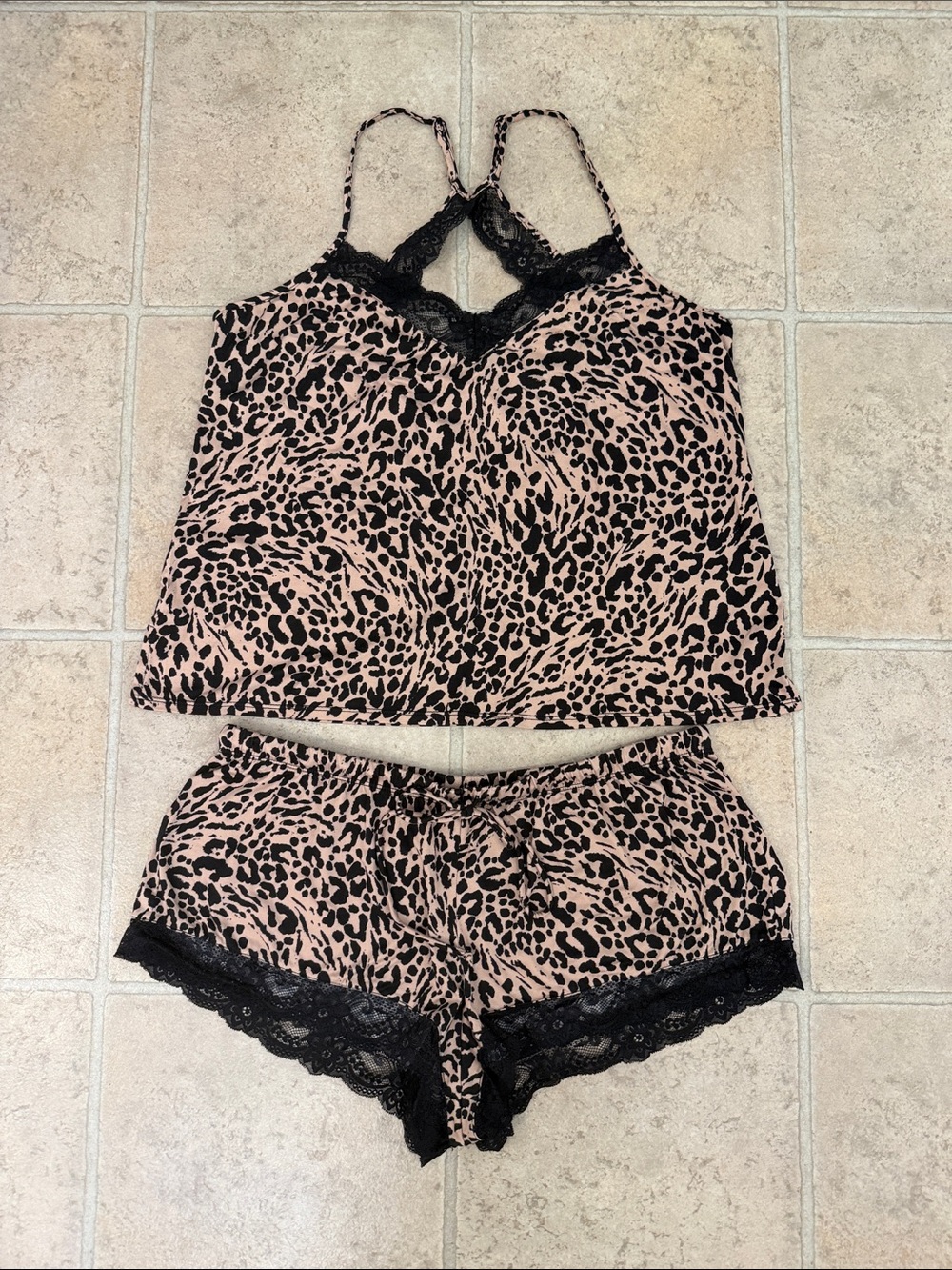 Leopard-Print Lace-Trim Sleep Cami & Shorts Set in Blush